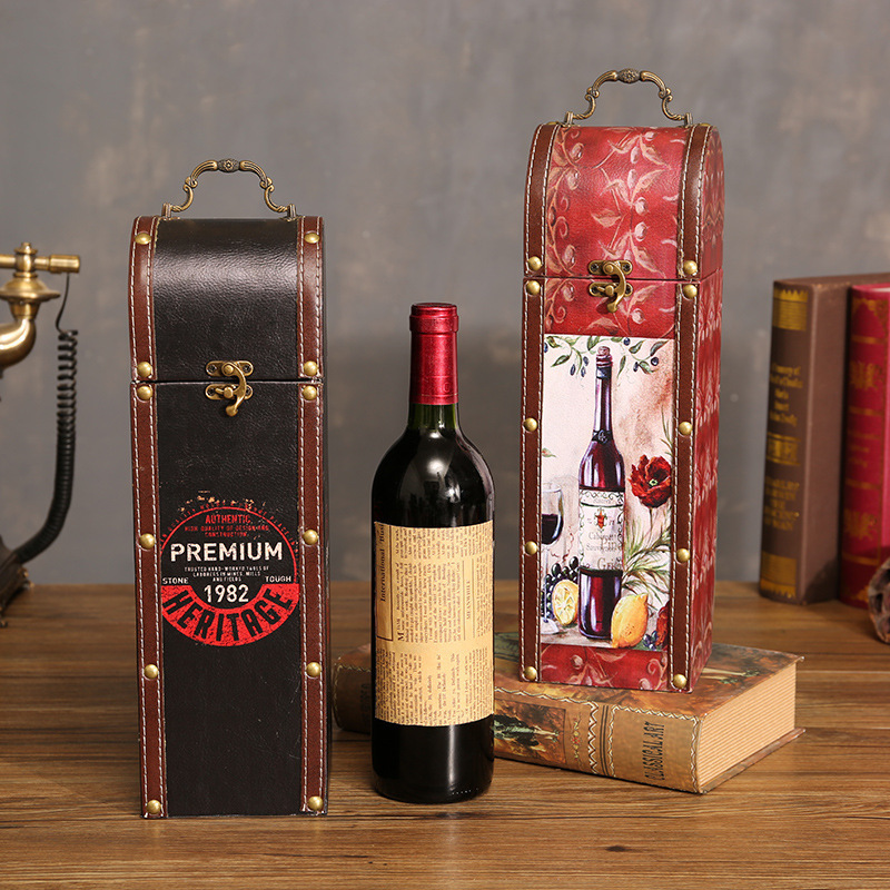 Spot double pack wine box wholesale PU leather medium fiber board wooden box portable packaging box empty