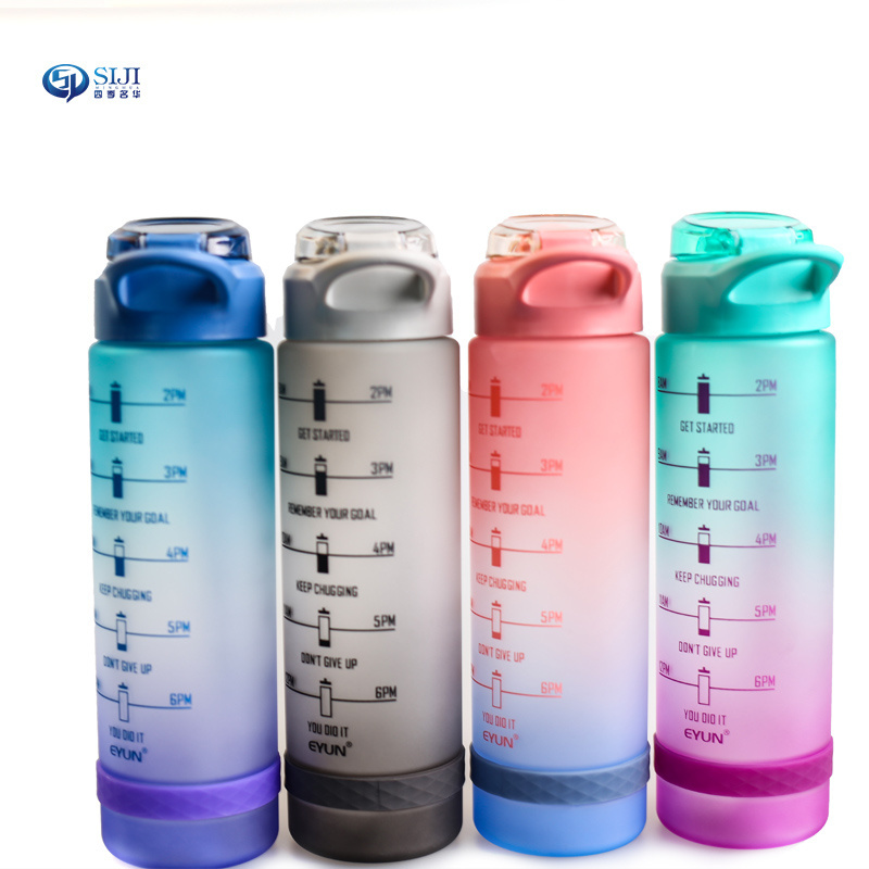 Wholesale BPA Free Custom Logo half gallon PET Plastic 1.0 Litre Water Bottle with Time Marker and Straw