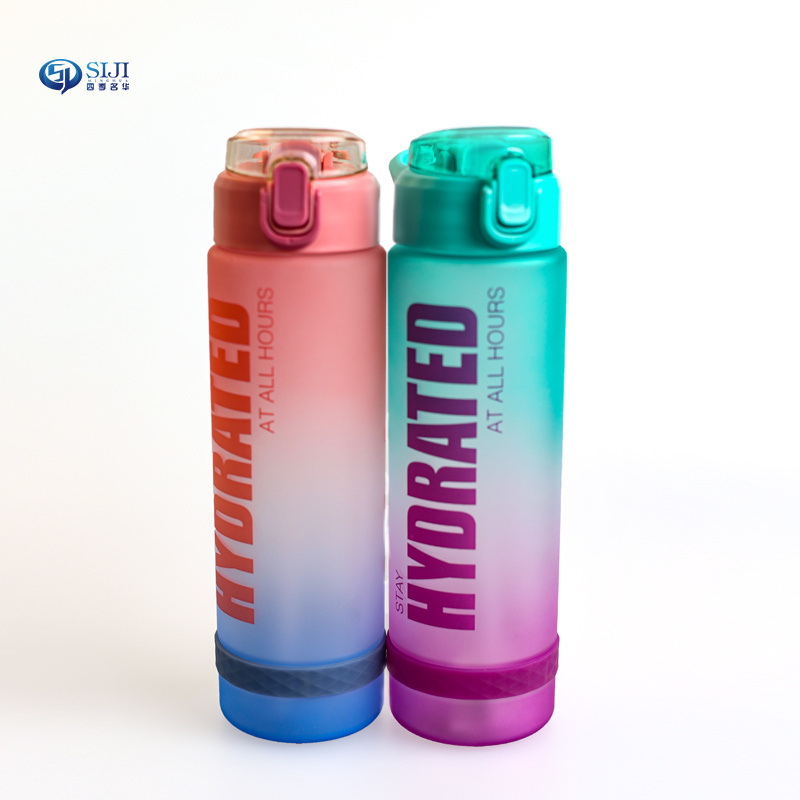 Wholesale BPA Free Custom Logo half gallon PET Plastic 1.0 Litre Water Bottle with Time Marker and Straw