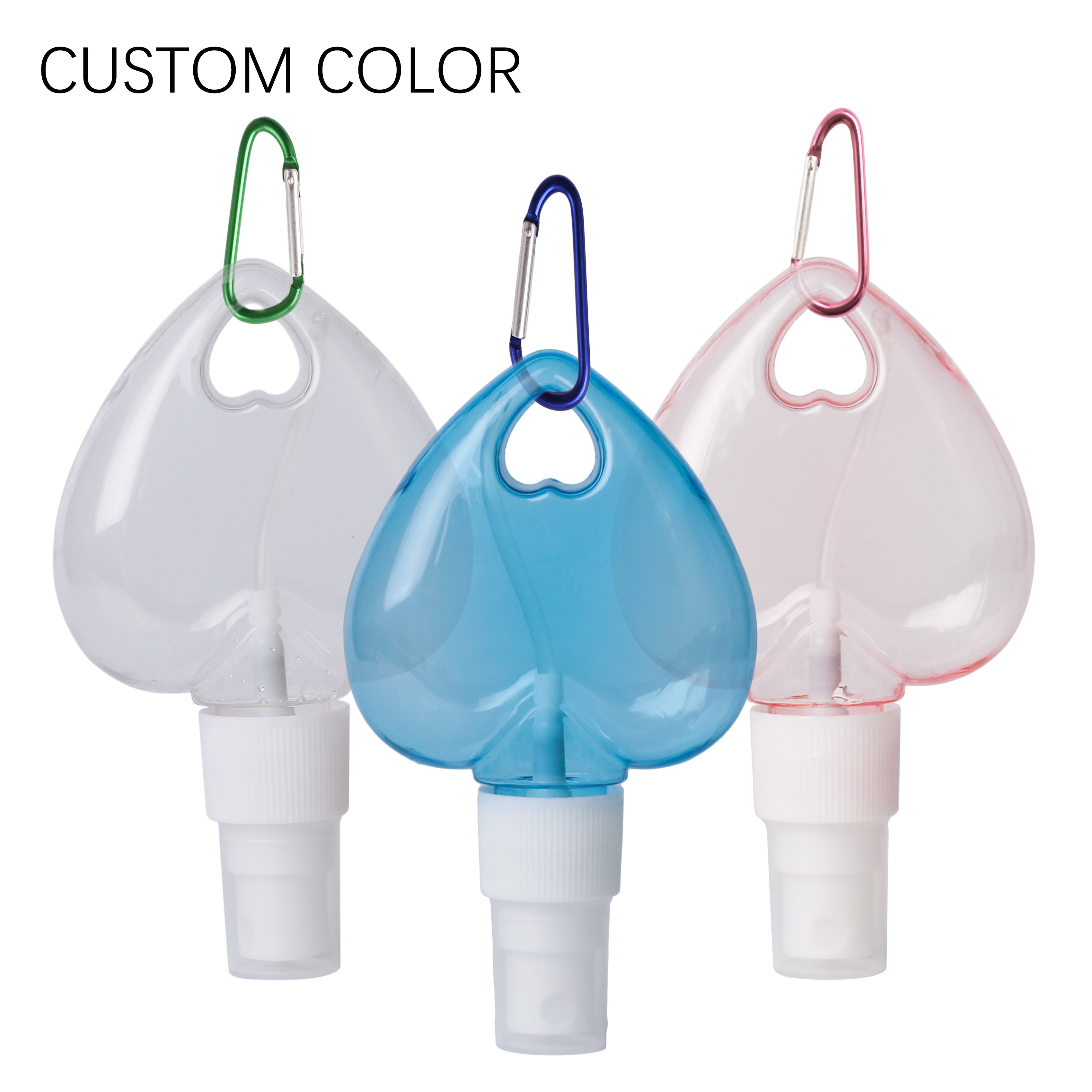 Hot Sale 50ml 60ml Keychain Spray Bottle Colored Heart Shape Liquid Hand Sanitizer Plastic Spray Bottle With Hook