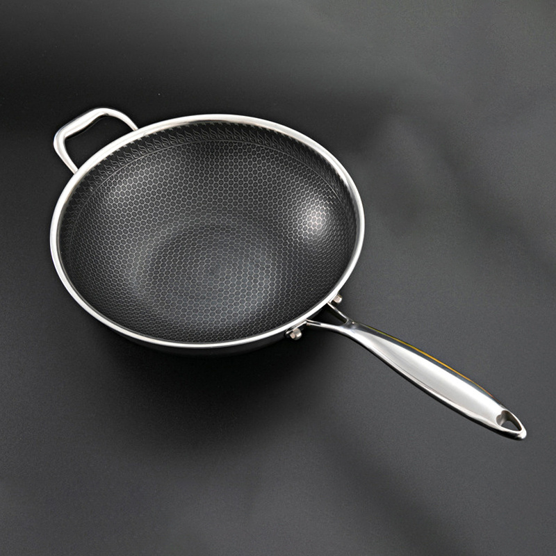 Customizable High Quality 316 Stainless Steel Stir-Frying Pan Nonstick Frying Pan Honeycomb Stainless Steel Wok Pan with Lid