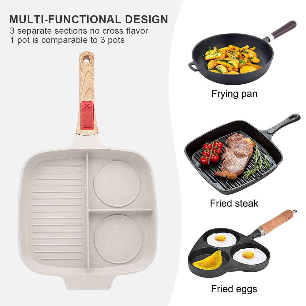 Induction Bottom 3-Section Nonstick Coating Breakfast Grilling Skillet Nonstick Divided Grill Pan with Silicone Glass Lid