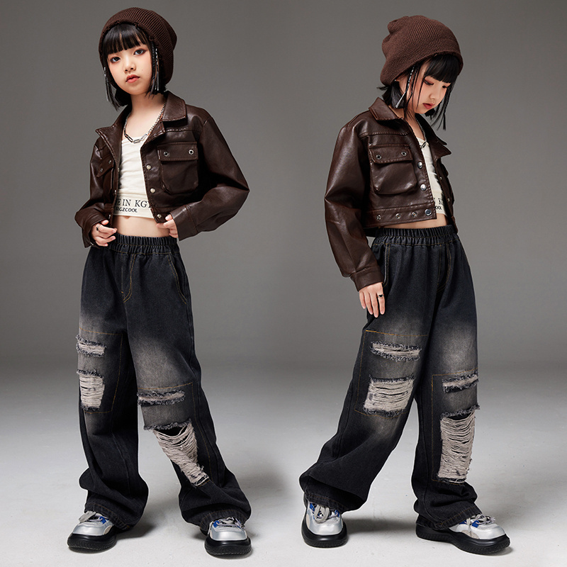 Girls jazz Dance costumes Children's leather costumes Jazz Girls Kids Hip Hop fashion Cool model catwalk costumes