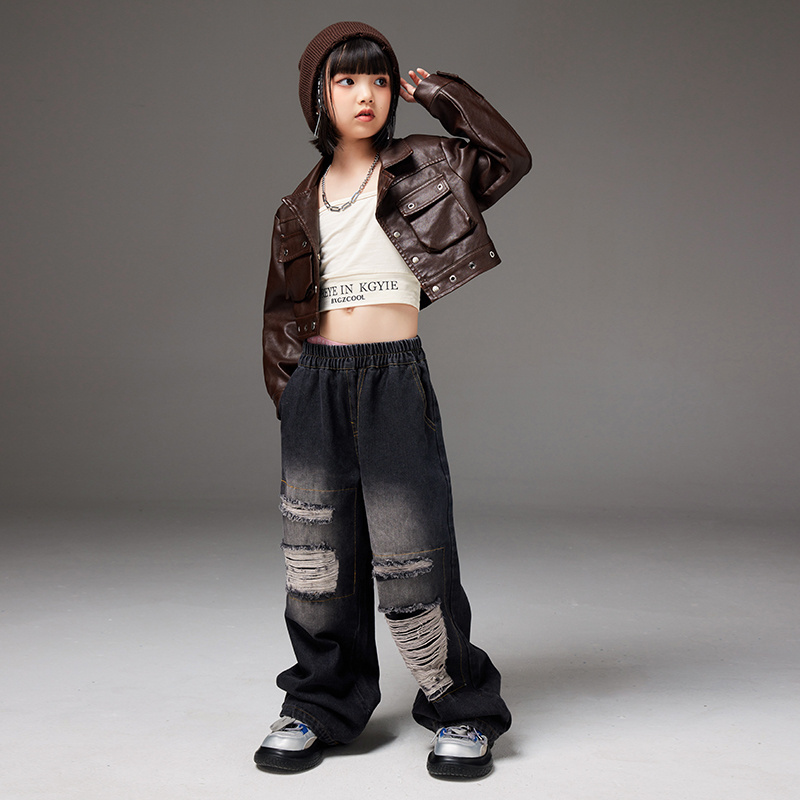 Girls jazz Dance costumes Children's leather costumes Jazz Girls Kids Hip Hop fashion Cool model catwalk costumes