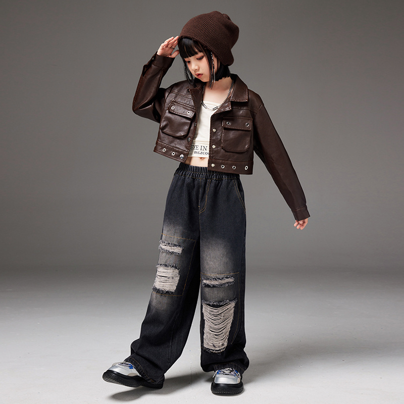 Girls jazz Dance costumes Children's leather costumes Jazz Girls Kids Hip Hop fashion Cool model catwalk costumes