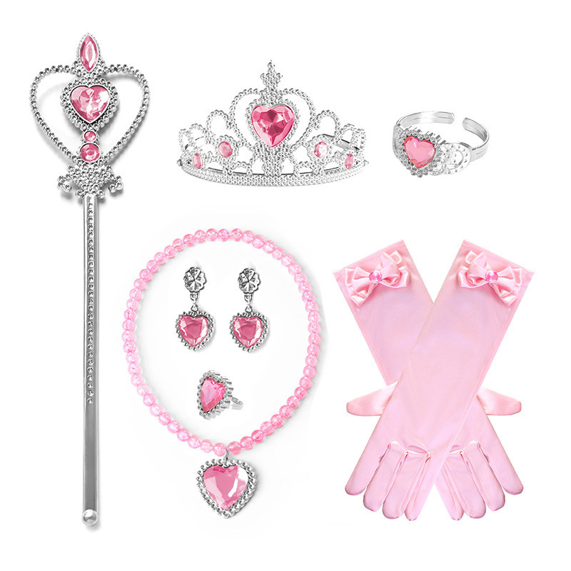 Pretty Girl Princess Dress Up Set Crown Necklace Gloves Wand Earrings Ring 6 Pcs Elsa Costume Accessories