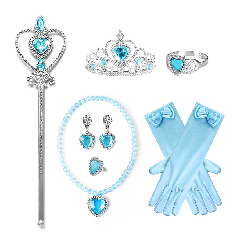 Pretty Girl Princess Dress Up Set Crown Necklace Gloves Wand Earrings Ring 6 Pcs Elsa Costume Accessories