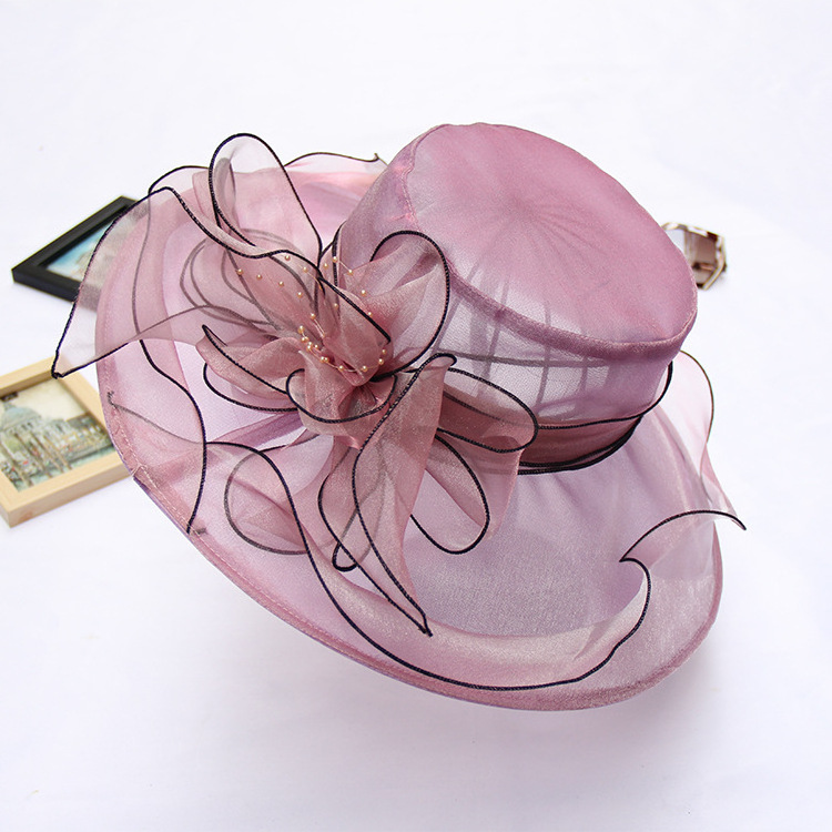 HZM-18225 Women Derby Hat Organza Fascinator Church Bridal Wedding Tea Party Hat Wide Brim Sun Hat