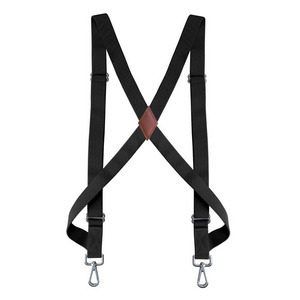 HZO-24022 Heavy Duty X Back Style Solid Slide 2 Clip Adjustable Elastic Leather Suspenders for Men