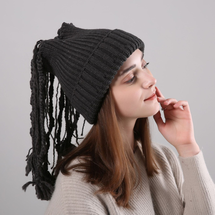 HZM-18030  new autumn winter knitted sweater straight stripe braids Wig warm crochet hippie beanie hat