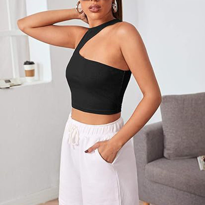 HZO-24027 Summer Sleeveless Polyester Crop Tops For Women Tops Fashionable Asymmetric Cut Out Top