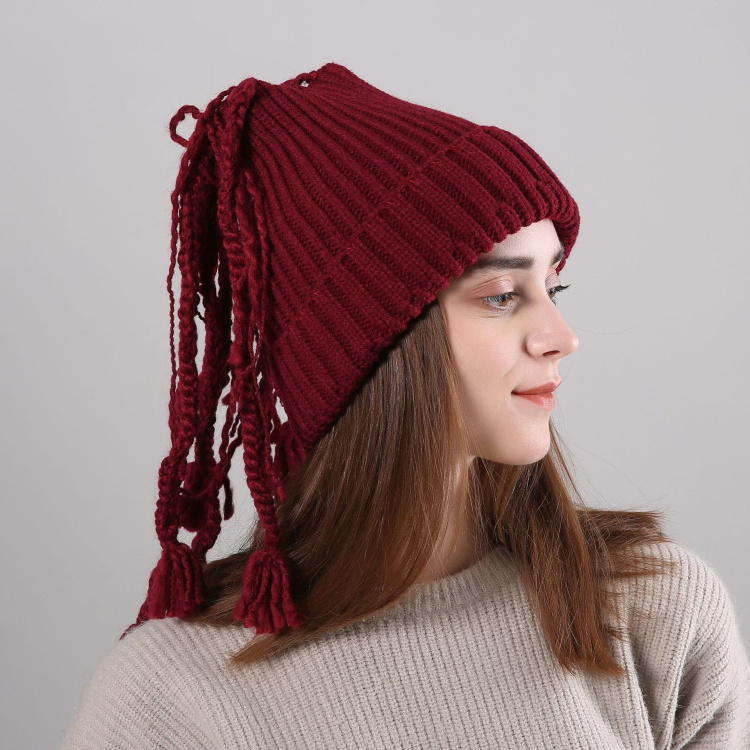 HZM-18030  new autumn winter knitted sweater straight stripe braids Wig warm crochet hippie beanie hat