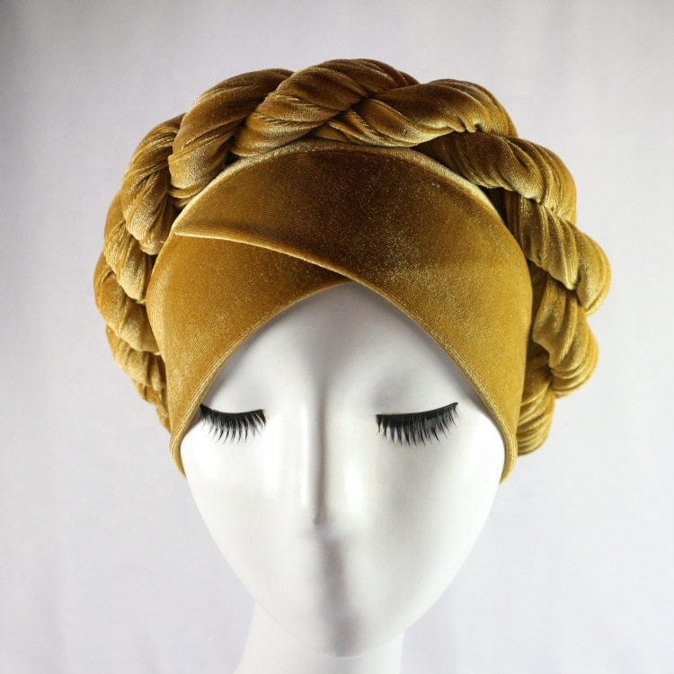 HZM-18148 Women Velvet Turban Caps Braided Head Wrap African Bandana Twist Hair Band Hat