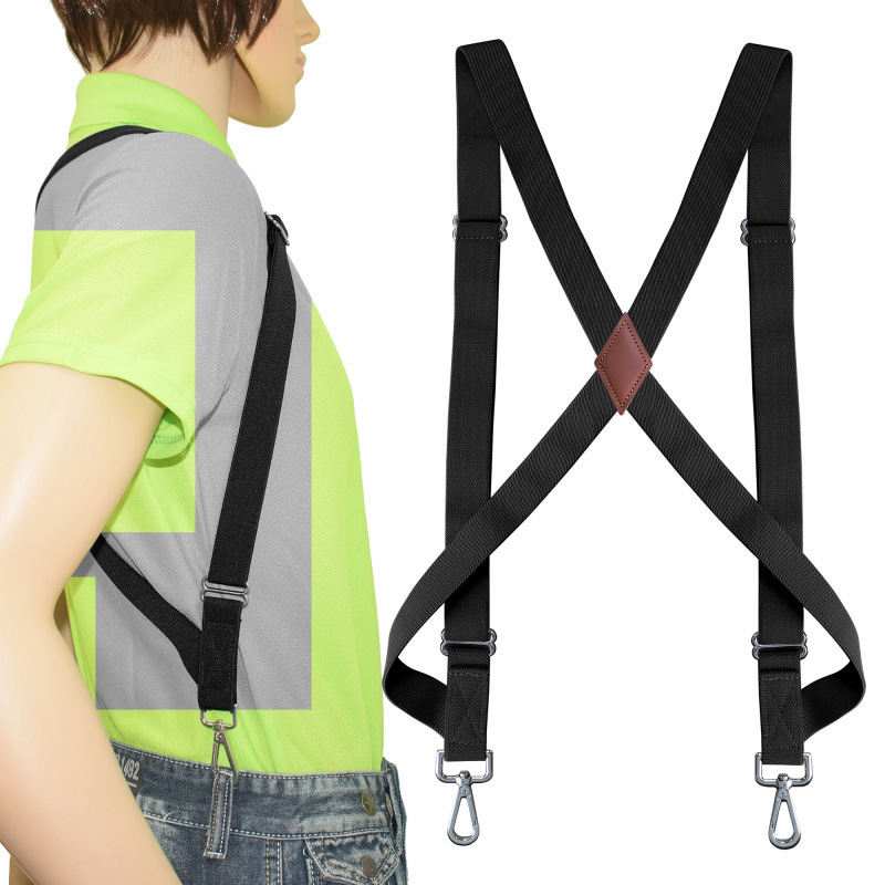 HZO-24022 Heavy Duty X Back Style Solid Slide 2 Clip Adjustable Elastic Leather Suspenders for Men