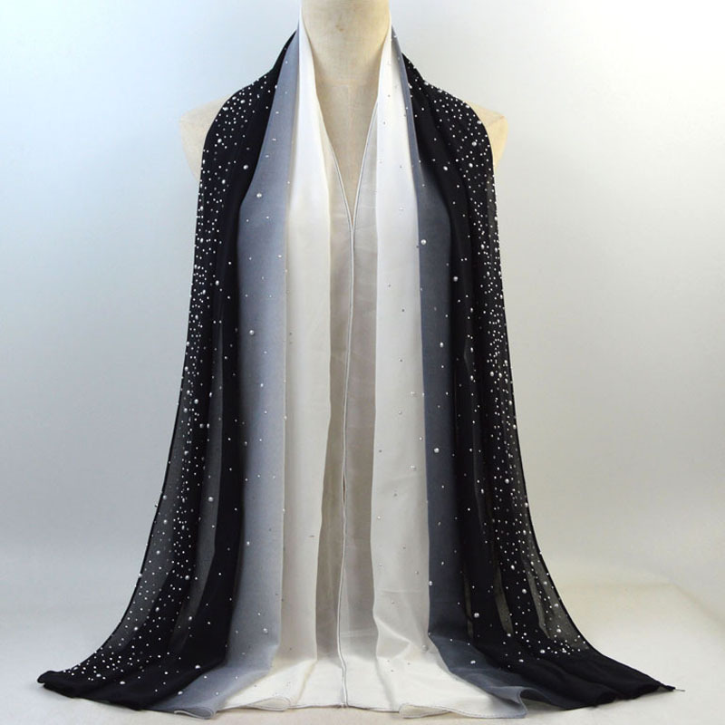 HZW-24006 wholesale shiny rhinestone pearl chiffon scarf women head shimmer glitter hijab scarf