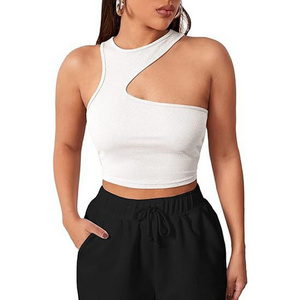 HZO-24027 Summer Sleeveless Polyester Crop Tops For Women Tops Fashionable Asymmetric Cut Out Top