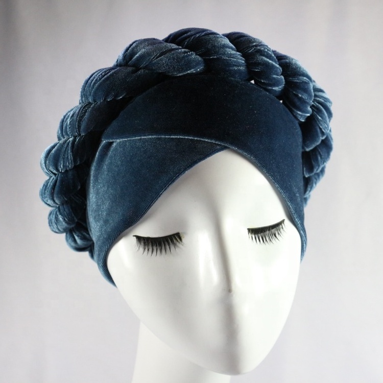 HZM-18148 Women Velvet Turban Caps Braided Head Wrap African Bandana Twist Hair Band Hat