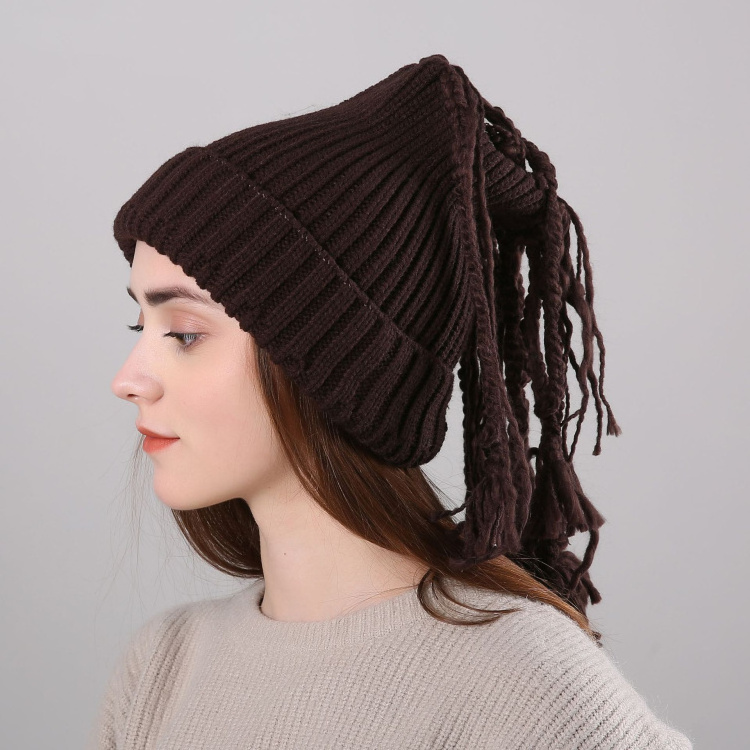 HZM-18030  new autumn winter knitted sweater straight stripe braids Wig warm crochet hippie beanie hat