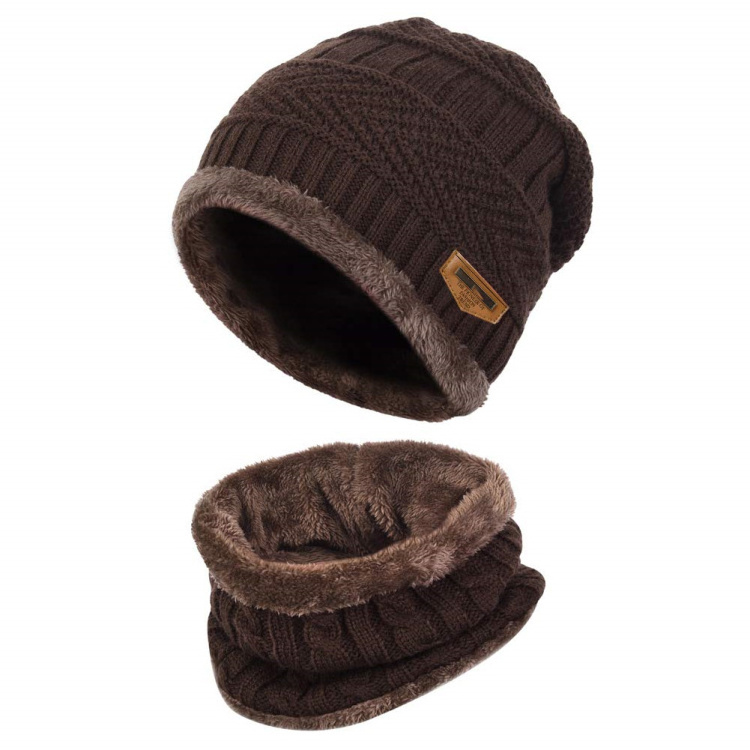 HZM-18178 Men Women Winter Beanie Hat Scarf Set Warm Knit Hat Thick Fleece Lined Winter Cap Neck Warmer