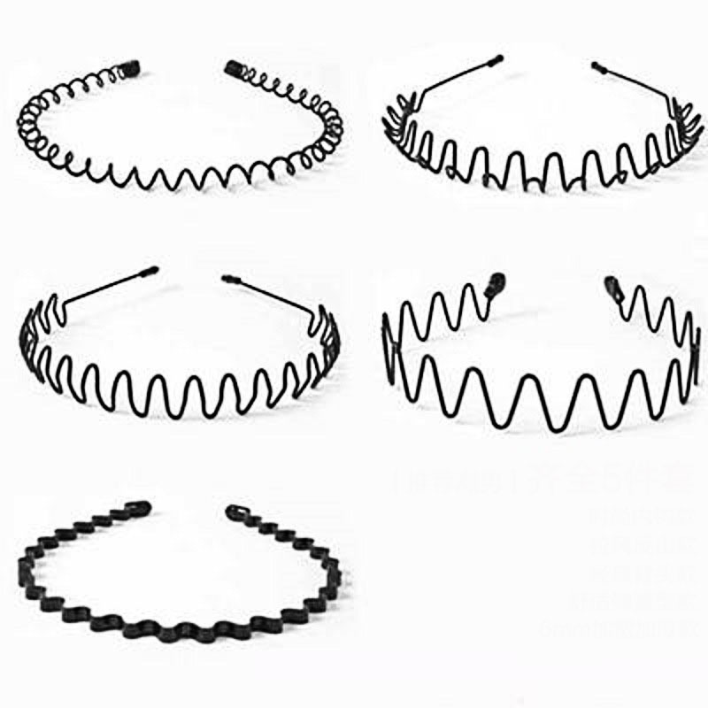 HZO-50035 Black Unisex Slicked Back Elastic Headband Men Women Non Slip Sports Headwear Accessories Metal Spring Wavy Hair Hoop