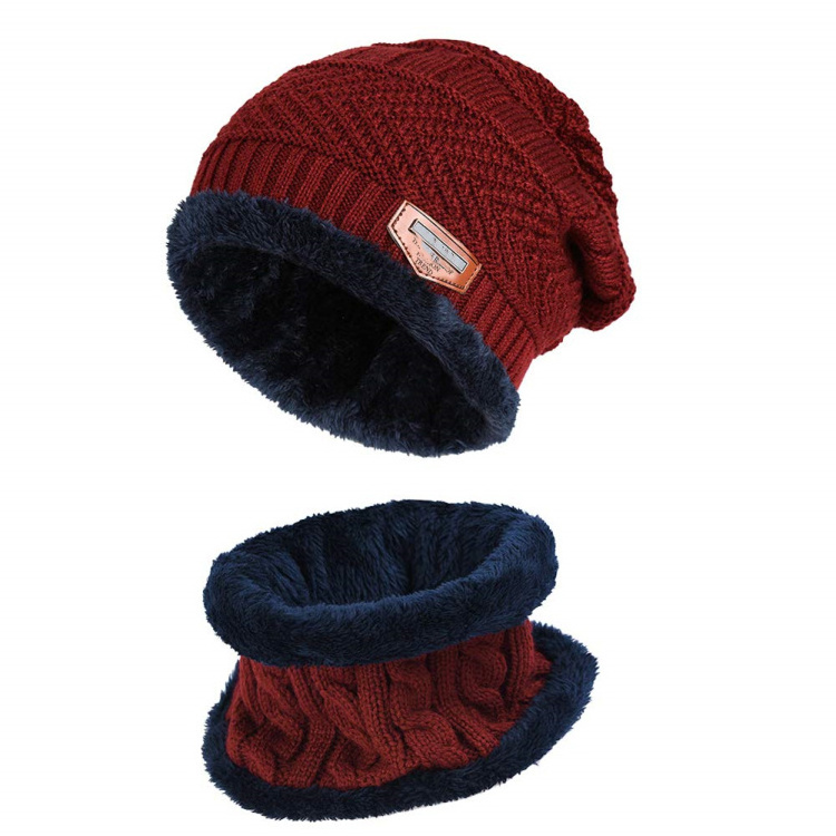 HZM-18178 Men Women Winter Beanie Hat Scarf Set Warm Knit Hat Thick Fleece Lined Winter Cap Neck Warmer