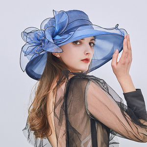 HZM-18225 Women Derby Hat Organza Fascinator Church Bridal Wedding Tea Party Hat Wide Brim Sun Hat