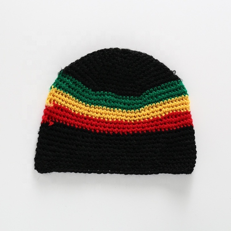 HZM-18162  Rainbow Color Acrylic Striped Crochet  Beret Reggae Jamaica Knitted Rasta Hat