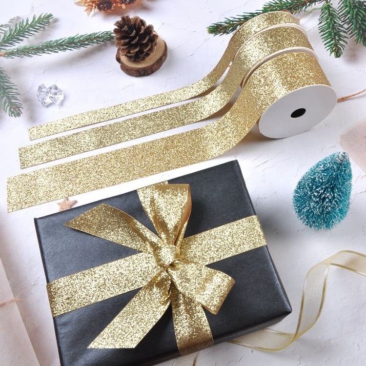 Sparkle christmas glitter foil gold ribbon wholesale for wedding bouquet decoration