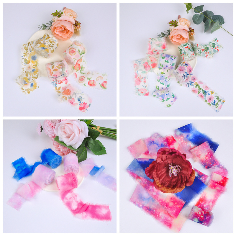 Chiffon ribbon handmade flower fabric fringe chiffon silk printed  ribbon for wedding invitation