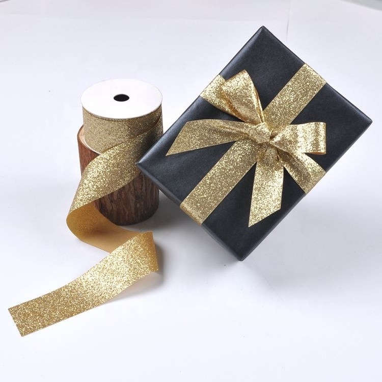 Sparkle christmas glitter foil gold ribbon wholesale for wedding bouquet decoration