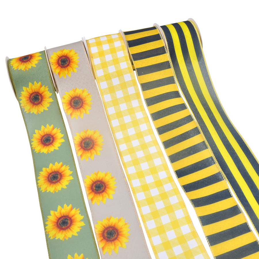 Free sample bumble bee polka dot wholesale cheap wired edge ribbon roll decorative sunflower spring wired ribbon