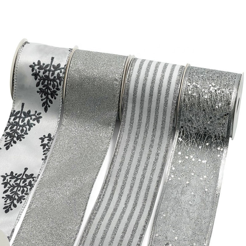 Silver glitter 2.5 inch Christmas black wired ribbon for gift wrapping Christmas tree decoration