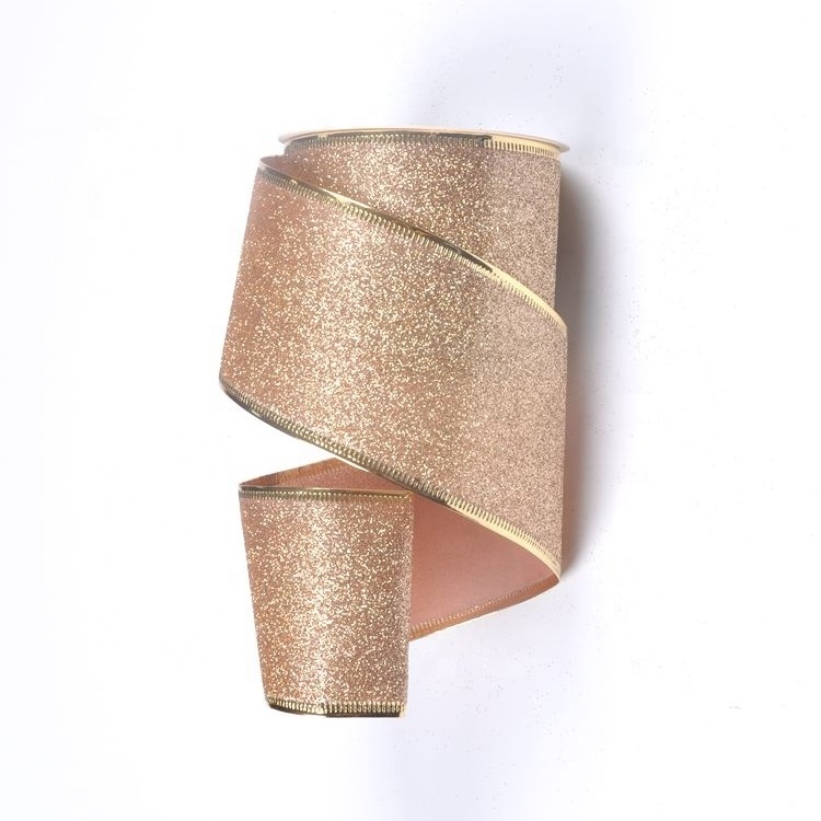 Free sample gold glitter christmas wired edge ribbon 2.5 inch metallic wired ribbon for gift wrapping