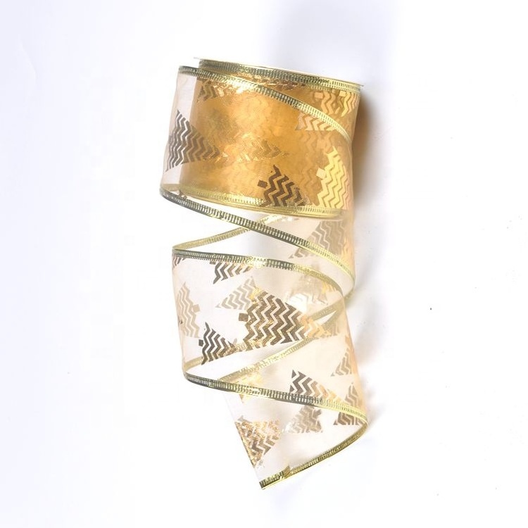 Free sample gold glitter christmas wired edge ribbon 2.5 inch metallic wired ribbon for gift wrapping