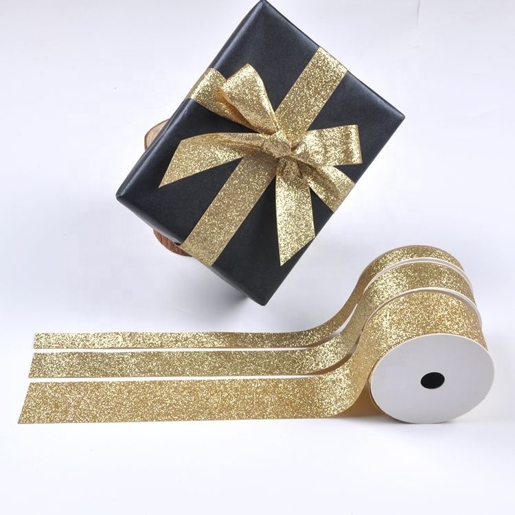 Sparkle christmas glitter foil gold ribbon wholesale for wedding bouquet decoration