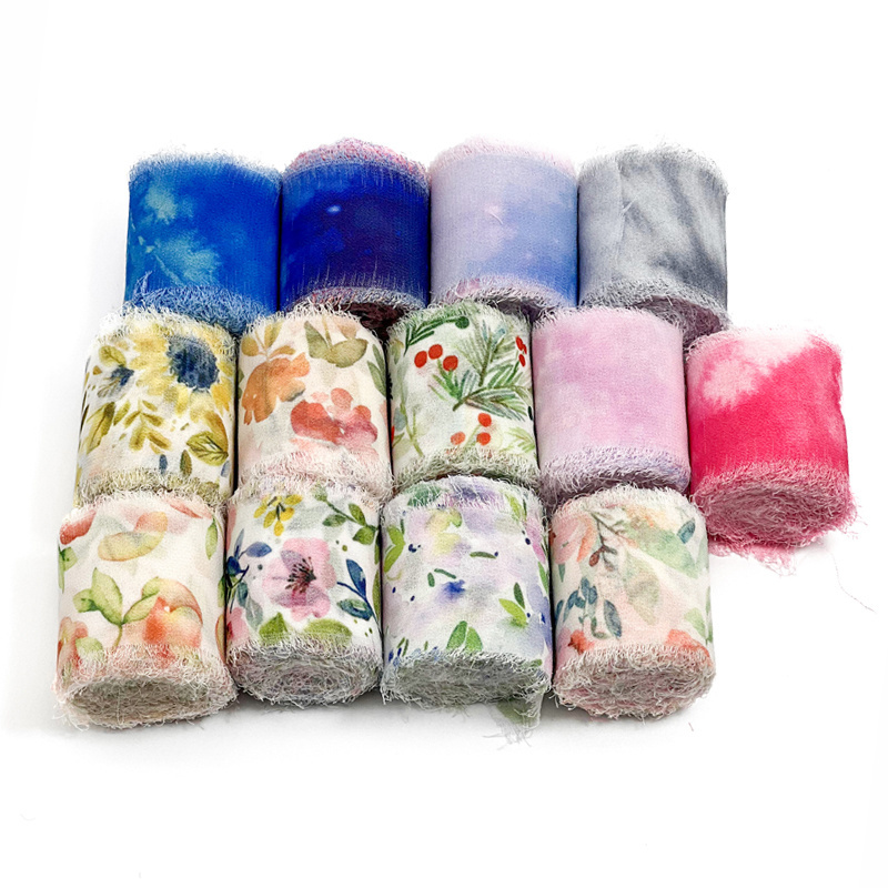 Chiffon ribbon handmade flower fabric fringe chiffon silk printed  ribbon for wedding invitation