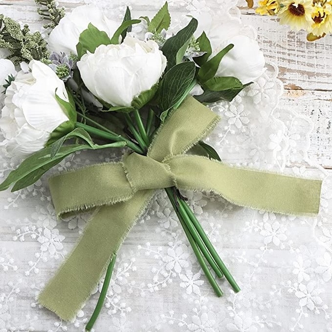 Handmade 1 1/2 Inches Wedding Green Cotton Frayed Ribbon For Gift Wrapping Wedding Invitation Decorations