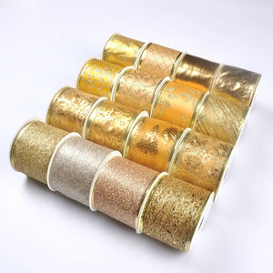 Free sample gold glitter christmas wired edge ribbon 2.5 inch metallic wired ribbon for gift wrapping