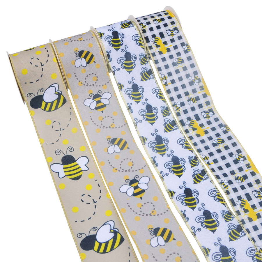 Free sample bumble bee polka dot wholesale cheap wired edge ribbon roll decorative sunflower spring wired ribbon