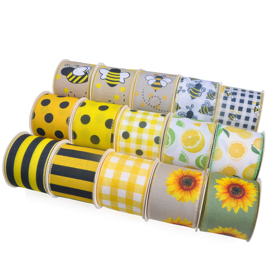 Free sample bumble bee polka dot wholesale cheap wired edge ribbon roll decorative sunflower spring wired ribbon