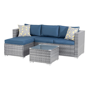 Outdoor Sectional Sofa Silver Rattan Wicker Sofa Small Patio Conversation Couch with Washable Cushion and Glass Table