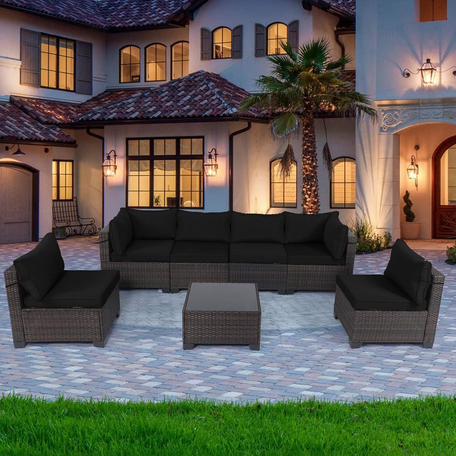 7 Pieces Outdoor Patio Furniture Sets,Rattan Conversation Sectional Set,Manual Weaving Wicker Patio Sofa with Tea Table