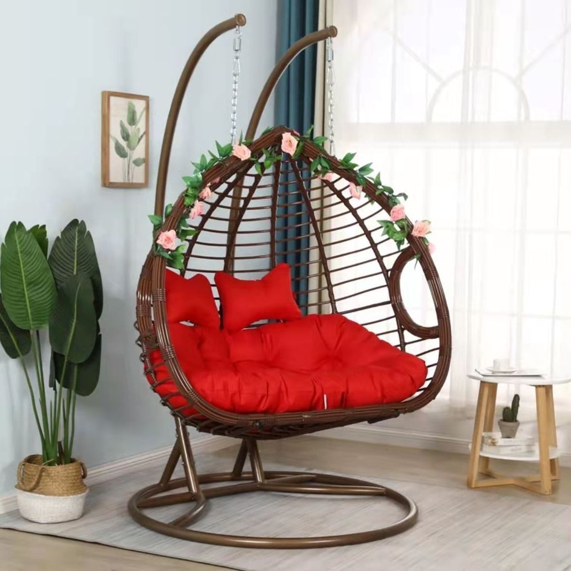 Double Seat round Pod Wicker Basket Egg Swing Chairs with Stand Garden Rattan Hanging Patio Swings for Resorts