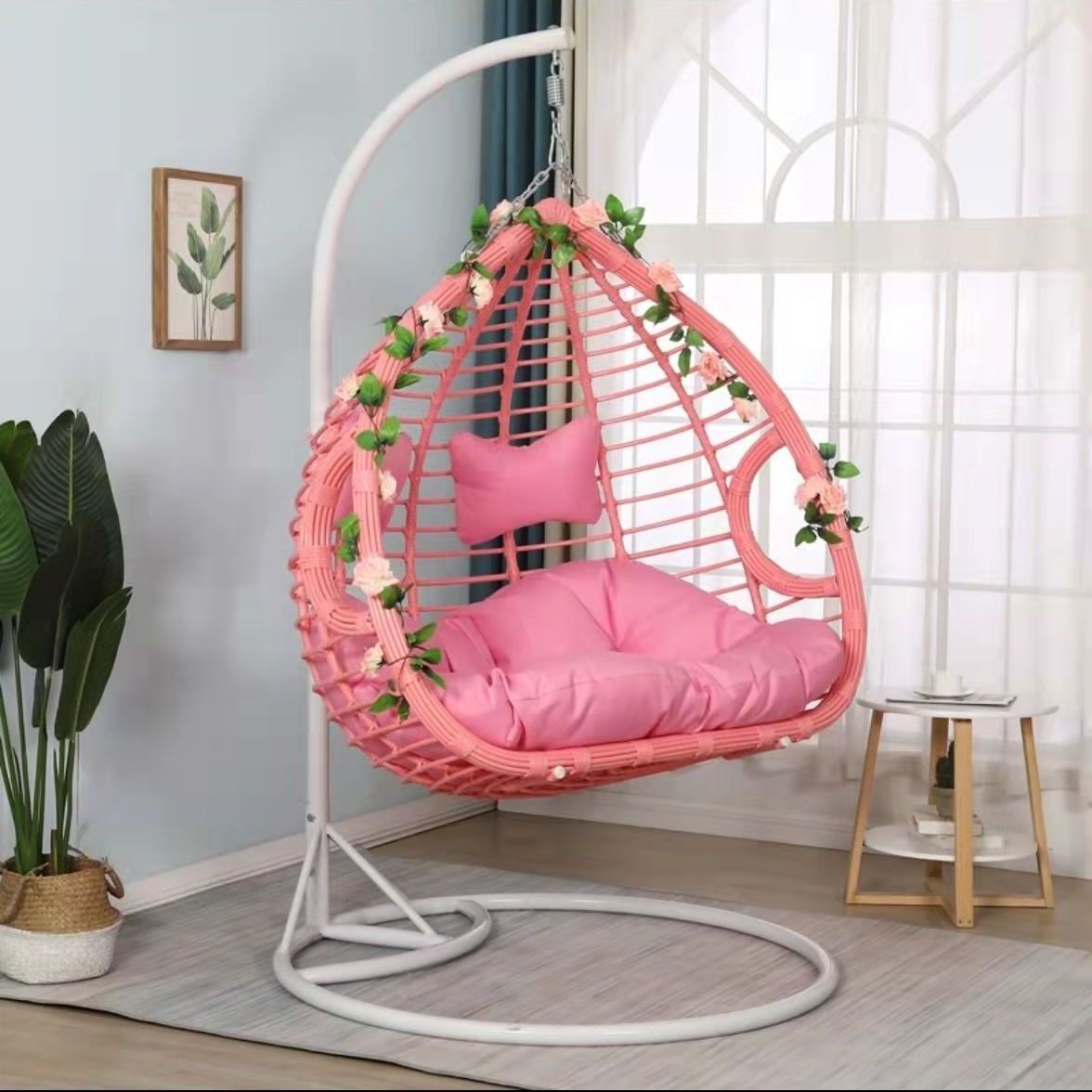 Modern Design Leisure Wicker Rattan Hanging Pink Swing Chair for Outdoor Home Patio Furniture