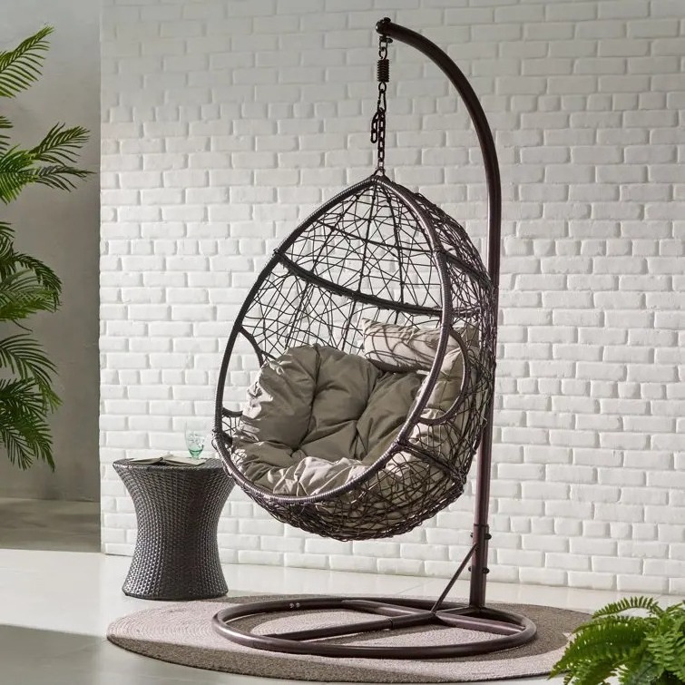 Modern Design Hanging Egg Shape Patio Chair with Stand Outdoor Garden Furniture Wicker Rattan Swing Chair Hammock with Cushion