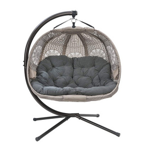 Modern Outdoor Rattan Wicker Double Seat Hanging Egg Swing Chair with Metal Stand General Place Model Furniture