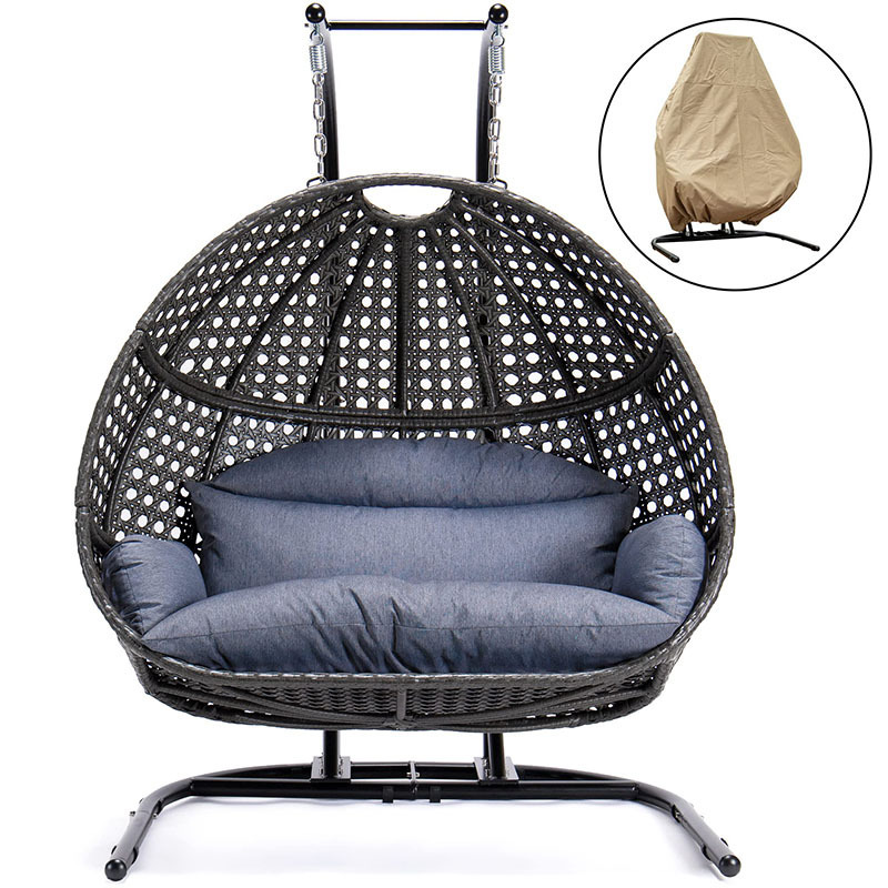 Modern Rattan Hanging Patio Swing Chair Two-Seaters Garden Swing with Double Seat Outdoor Furniture