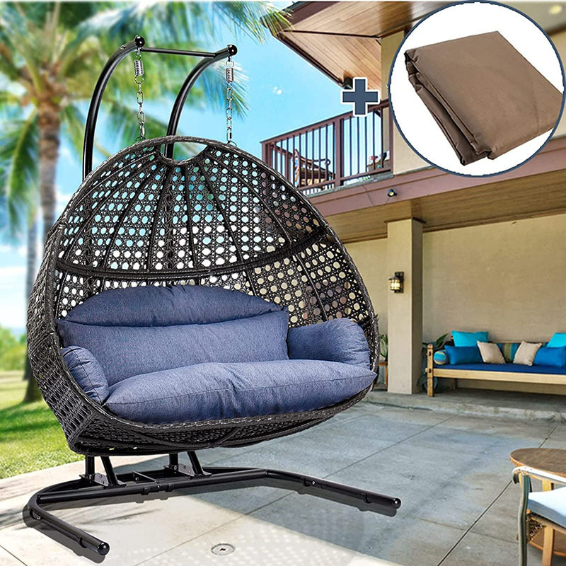 Modern Rattan Hanging Patio Swing Chair Two-Seaters Garden Swing with Double Seat Outdoor Furniture