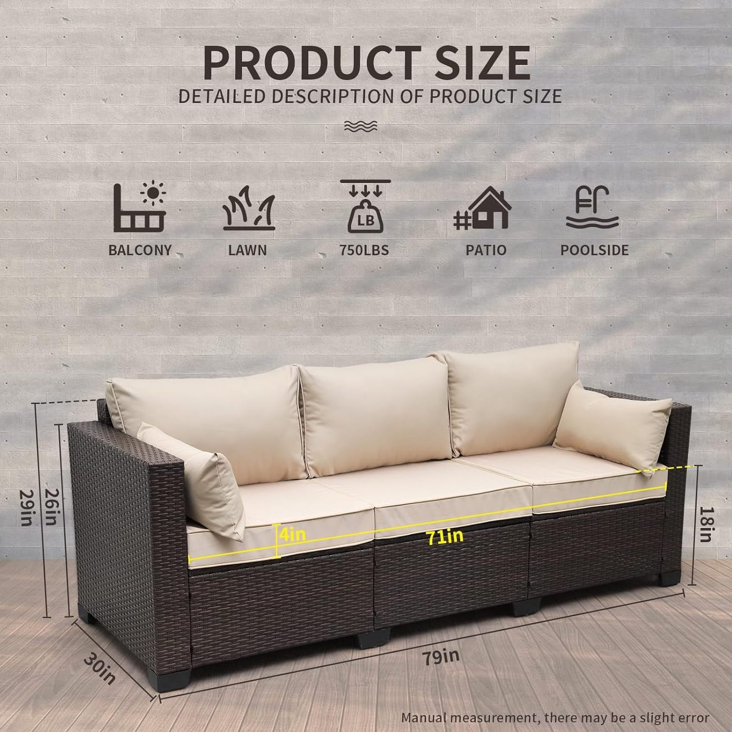 Patio Couch PE Wicker 3-Seat Outdoor Brown Rattan Sofa Deep Seating Furniture with Non-Slip Beige Cushion