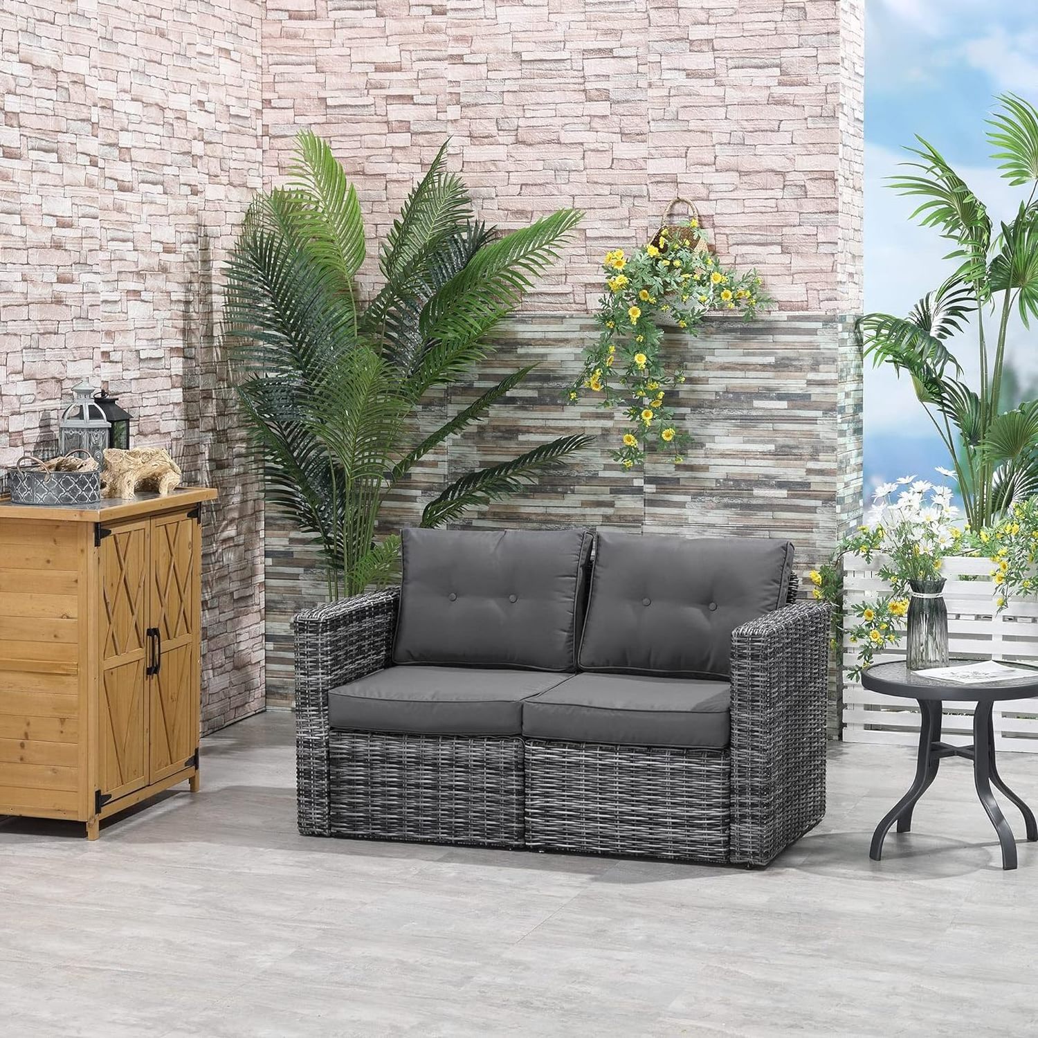 Outdoor PE Rattan Furniture 2 Piece Patio Wicker Corner Sofa Set with Curved Armrests and Padded Cushions